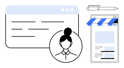 User profile avatar next to a web browser interface and mobile storefront, suggesting online identity, digital business, and e-commerce. Ideal for branding, entrepreneurship, social media, web
