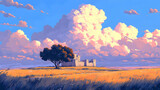 Pixel Art Landscape With Castle And Clouds