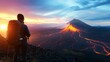 © BOJOShop - Hiker Silhouetted Against Erupting Volcano at Sunset