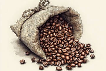 Poster - Burlap sack overflowing with fresh roasted coffee beans representing coffee production and trade