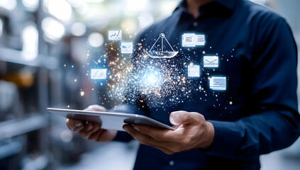 Man in Blue Shirt Holding Digital Tablet Presenting Holographic Data Flow Chart Information and Network Connection and Cyber Security System with Abstract Bokeh Background