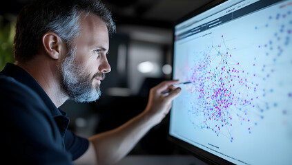 Mature Man Analyzing Complex Data on Computer Screen with Pointing Gesture Featuring Dark Interior and Focus on Data Visualization and Modern Technology in Low Light Setting