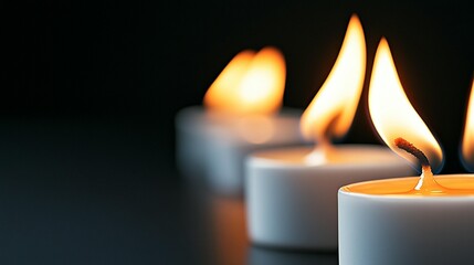 Wall Mural - three lit tea light candles on dark background, shallow depth of field.