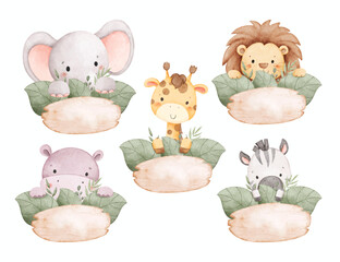 watercolor illustration set of safari animals with wooden board and tropical leaves