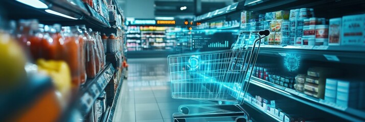 Poster - Futuristic smart shopping cart scans products in a modern grocery store with a sleek digital interface