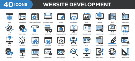 Website development icons collection. Related coding, web design, website, programming. Solid colors style icons. Vector illustration isolated on white background