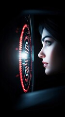 Wall Mural - futuristic woman studying glowing digital interface high tech screen data analysis inno