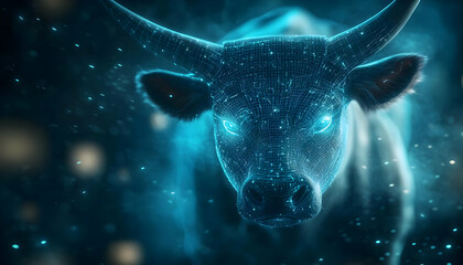 Wall Mural - a close-up of a glowing bull, showcasing its intense eyes and unique digital light effects, creating