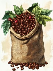 Poster - Detailed illustration of burlap sack overflowing with freshly roasted coffee beans surrounded by lush coffee plant leaves