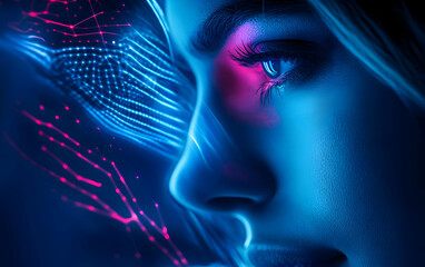 Wall Mural - A futuristic portrait showcasing a woman illuminated by vibrant neon lights and digital patterns, symbolizing innovation.