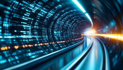 Wall Mural - a futuristic tunnel illuminated with vibrant blue and orange lights, representing advancements in te