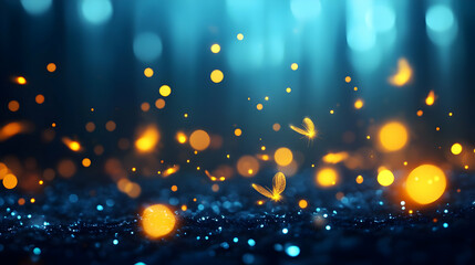 Wall Mural - A mesmerizing scene of glowing particles in a dark forest, creating a magical and ethereal atmosphere.
