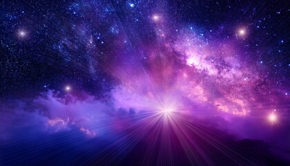 a cosmic background with a colorful purple nebula and shining stars