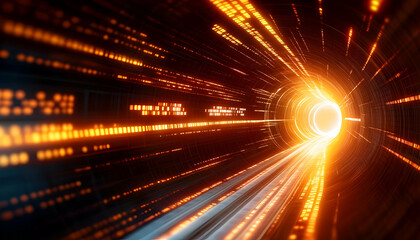 Wall Mural - futuristic light tunnel with vibrant orange and yellow streaks, representing speed and motion in a d