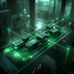 Wall Mural - a futuristic tech lab displays interconnected devices emitting green light. application: visualize n