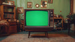 © Unic - Vintage Television Set Displaying Green Screen in a Classic Living Room Setting with Antique Furniture and Warm Lighting