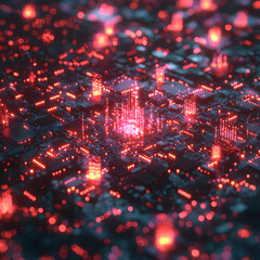 Wall Mural - an abstract illustration of a circuit board with vibrant red lights. this image suggests technologic