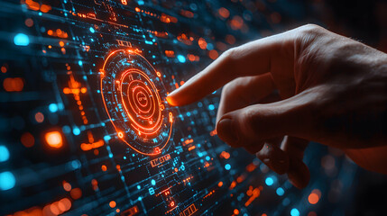 Wall Mural - a hand interacts with a digital interface. the image evokes futuristic technology and data visualiza