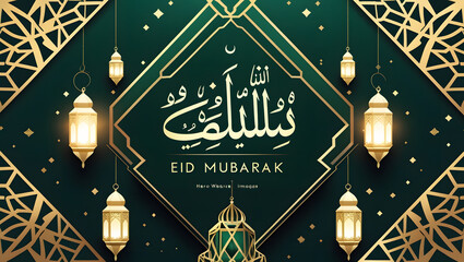 Modern Islamic Geometric Design with Gold Patterns and Eid Mubarak Calligraphy