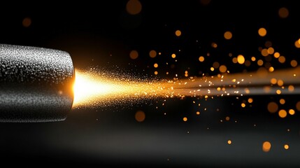 Wall Mural - glowing particles stream from metallic nozzle on dark background.