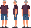 © ZeyBer - Senior man character illustration in casual attire showcasing front, side, and back views in a flat design style vector illustration