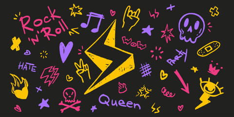 punk rock doodle set - lightning bolt, skull, heart, horn gesture, stars. hand drawn retro vector il