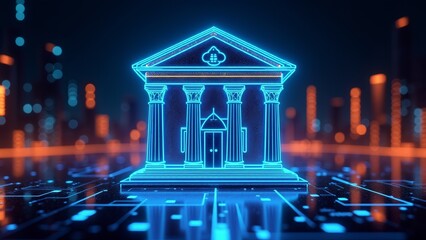 Wall Mural - Neon Bank Building. Digital Connectivity Concept