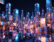© Na - Futuristic Cityscape Neon Lights Glowing Buildings Night View Digital Art Cyberpunk City