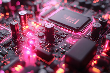 Wall Mural - this image depicts a close-up of a glowing circuit board with pink and red neon lights. it could be 