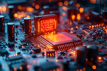 Wall Mural - a close-up of a glowing circuit board with red and orange lights. suggests technological advancement
