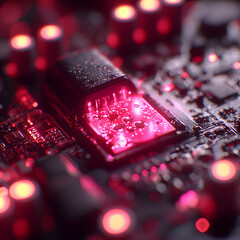 Wall Mural - a close-up view of a computer circuit board with a glowing pink component. suitable for tech-related
