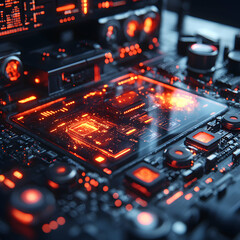 Wall Mural - close-up of a glowing circuit board with intricate electronic components. ideal for tech articles or