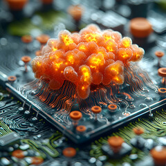 Wall Mural - a glowing biological form merging with a circuit board symbolizing technological innovation. imagine