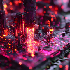 Wall Mural - futuristic circuit board art with glowing lights depicts data transfer and advanced technology. use 
