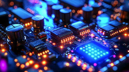 Wall Mural - a close-up of a circuit board showing electronic components illuminated by blue and orange light. pe
