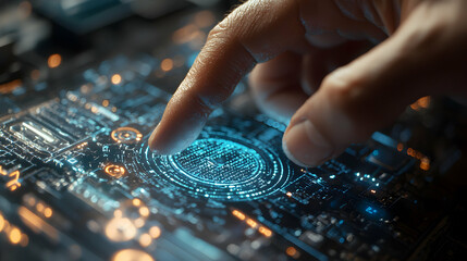 Wall Mural - a finger touches a glowing circuit board. illustrates tech concepts like data access security and di
