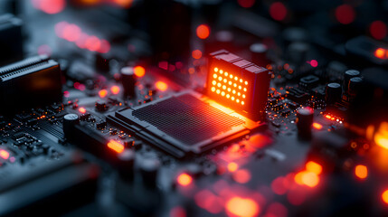 Wall Mural - a close-up image of a glowing motherboard with focus on intricate circuits and components. suitable 