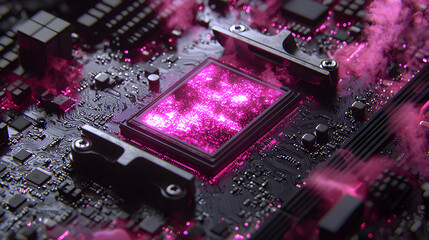 Wall Mural - an abstract close-up image of a computer circuit board glowing with pink energy. it suggests high-te