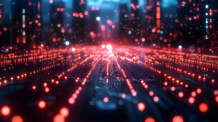 Wall Mural - digital circuit board with red lights and bokeh effect creating a futuristic tech scene. ideal for i