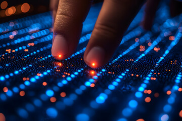 Wall Mural - fingers interact with an illuminated circuit board. represents technology data access or network con