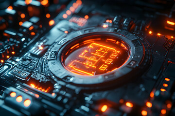 Wall Mural - close-up of futuristic circuit board with illuminated data display. ideal for tech presentations sho