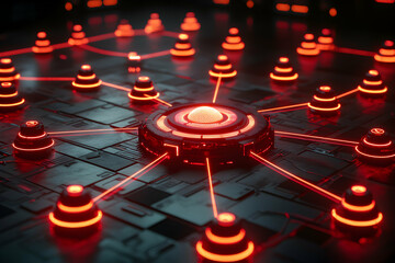 Wall Mural - a futuristic network visualization glowing with red light illustrating data connections and a centra