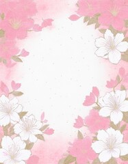  和紙に手書き描かれた白色とピンク色のつつじの花のフレーム背景素材。テキストスペースあり。AIで生成
