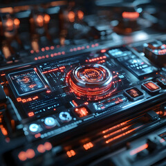 Wall Mural - futuristic tech interface with glowing orange and blue elements. ideal for sci-fi games or technolog