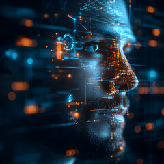 Wall Mural - a futuristic image of a man with technology overlaying his face. it hints at advanced computing or a