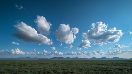 Wall Mural - expansive grassland under a vibrant blue sky dotted with fluffy cumulus clouds, and distant mountain