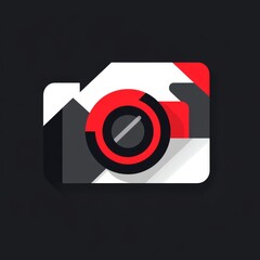 Aufkleber - Abstract Camera Icon with Geometric Shapes in Red, White, and Black on a Dark Background