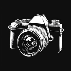 Poster - Classic Camera Illustration: Vintage Photography in Monochrome Detail, Isolated on Black Background
