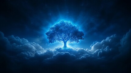 Wall Mural - glowing tree in night sky above clouds.