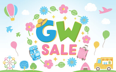 Naklejka na meble 春の空や花・旅行・おでかけをイメージするGW・ゴールデンウィークのフレーム背景イラスト_セールやイベントシーン